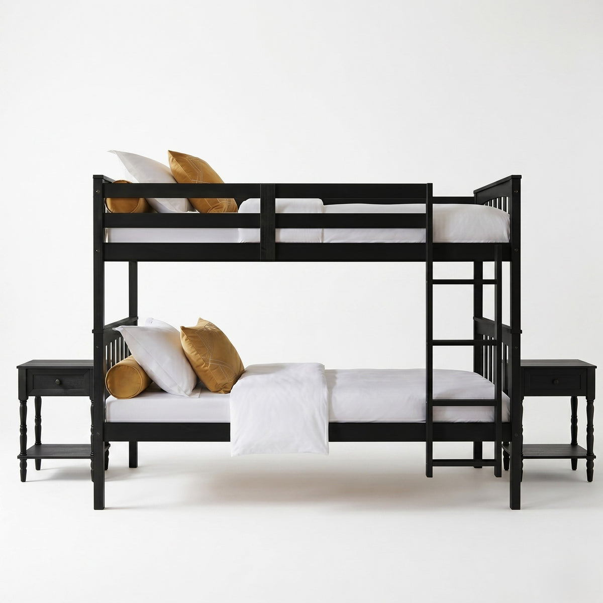Home Design Ames Twin Over Twin Solid Wood Bunk Bed with 2 Ruston Nightstand – 3-Piece Space-Saving Bedroom Set