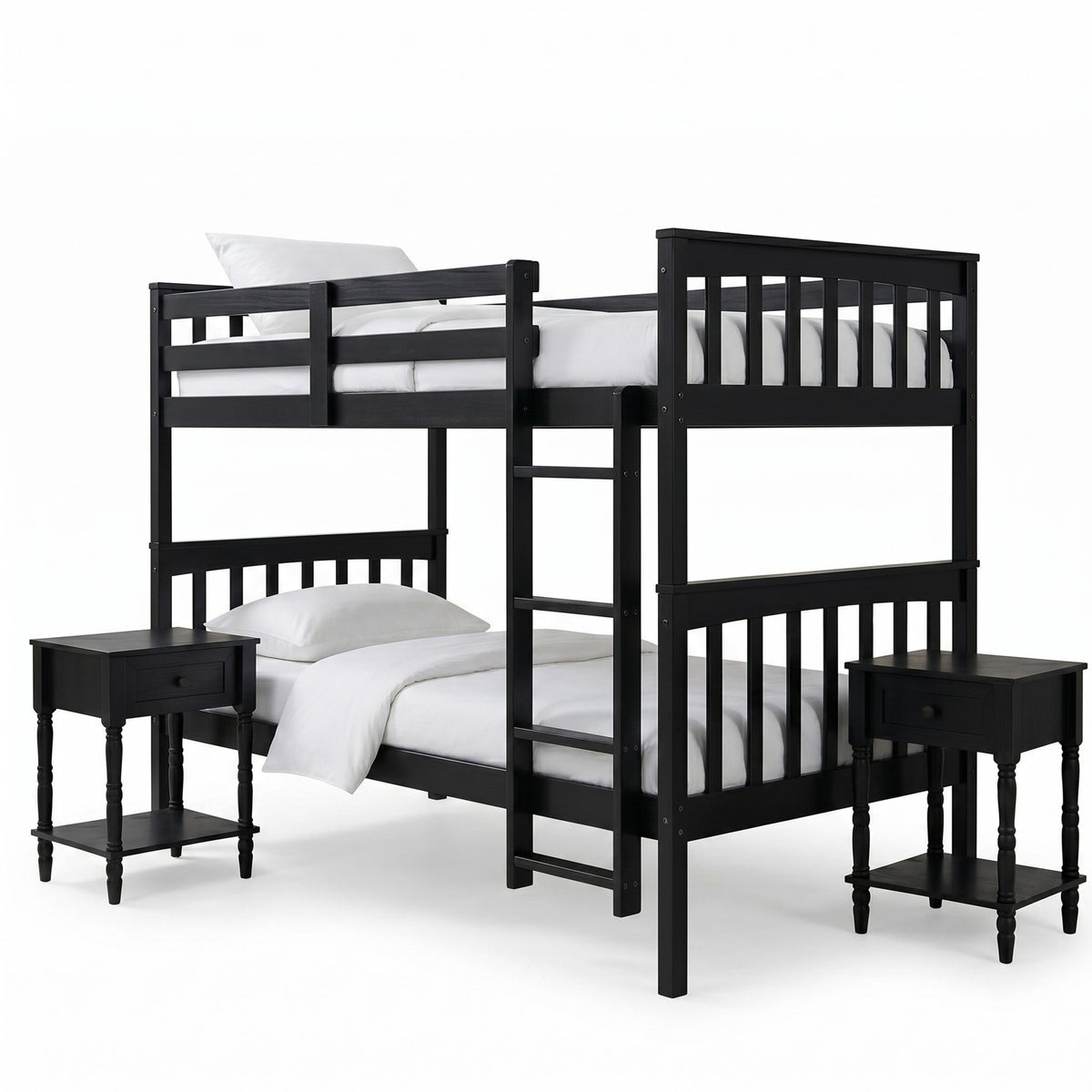 Home Design Ames Twin Over Twin Solid Wood Bunk Bed with 2 Ruston Nightstand – 3-Piece Space-Saving Bedroom Set