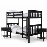 Home Design Ames Twin Over Twin Solid Wood Bunk Bed with 2 Ruston Nightstand – 3-Piece Space-Saving Bedroom Set