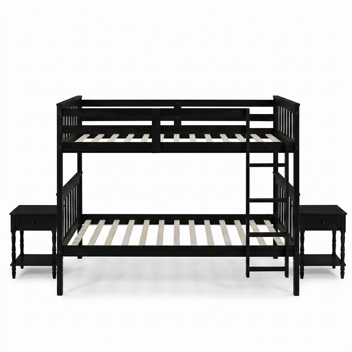Home Design Ames Twin Over Twin Solid Wood Bunk Bed with 2 Ruston Nightstand – 3-Piece Space-Saving Bedroom Set