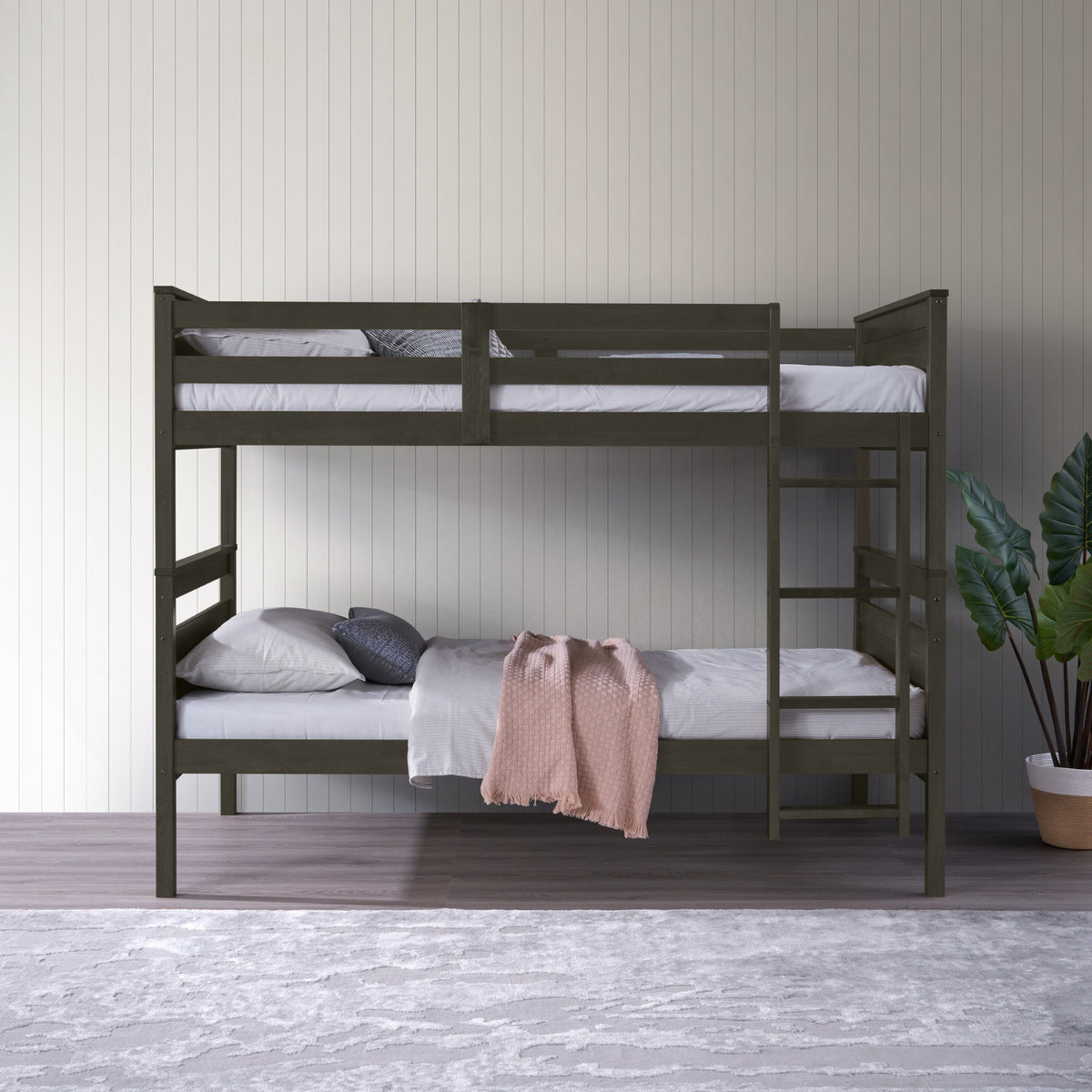 Home Design Exeter Twin Over Twin Solid Wood Bunk Bed Frame with Guardrails and Ladder, Easy Assembly