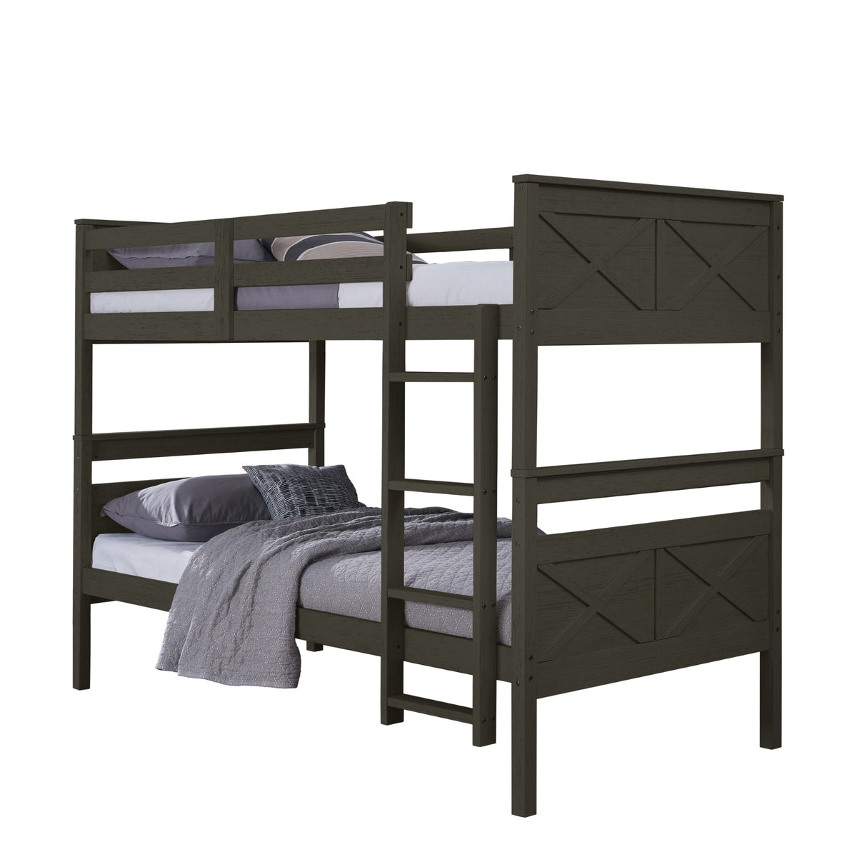 Home Design Exeter Twin Over Twin Solid Wood Bunk Bed Frame with Guardrails and Ladder, Easy Assembly