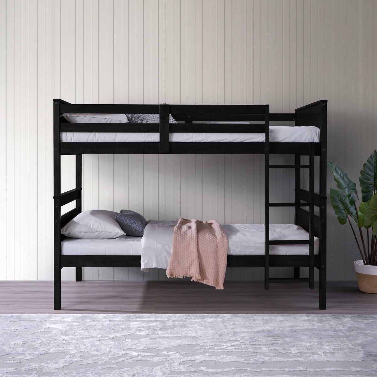 Home Design Exeter Twin Over Twin Solid Wood Bunk Bed Frame with Guardrails and Ladder, Easy Assembly
