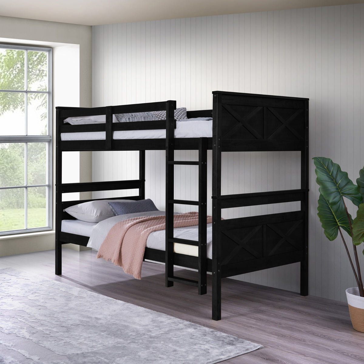 Home Design Exeter Twin Over Twin Solid Wood Bunk Bed Frame with Guardrails and Ladder, Easy Assembly