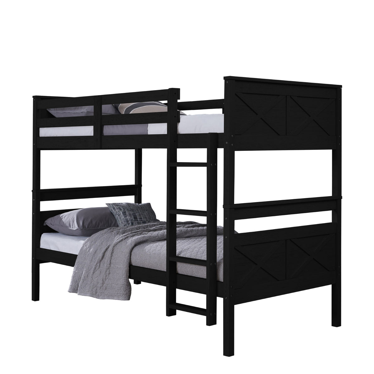 Home Design Exeter Twin Over Twin Solid Wood Bunk Bed Frame with Guardrails and Ladder, Easy Assembly