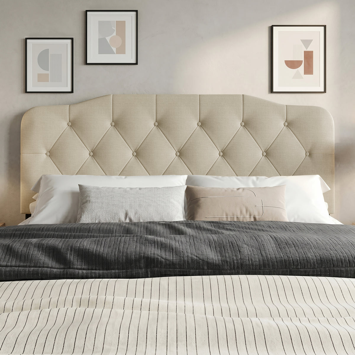 Home Design Albany Tufted Upholstered Headboard with Adjustable Height and Foam Padding, Beige, Easy Assembly