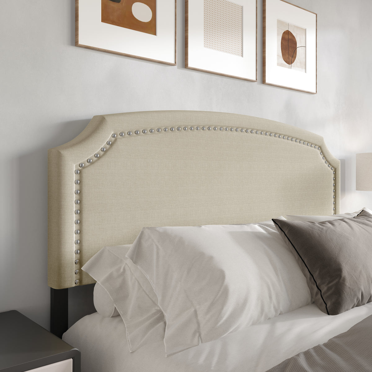Home Design Bowie Upholstered Headboard with Adjustable Height and Nailhead Trim, Beige, Easy Assembly