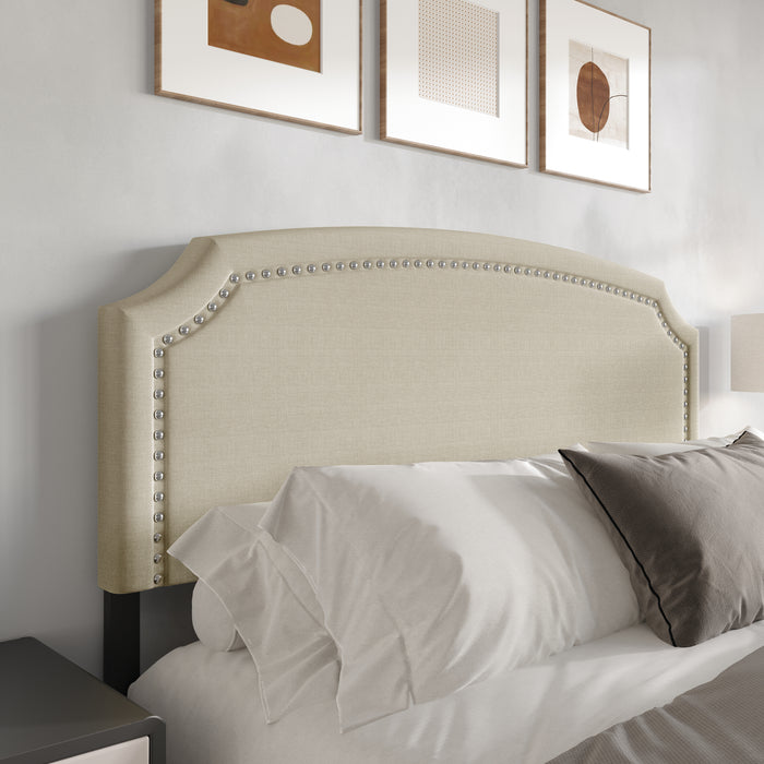 Home Design Bowie Upholstered Headboard with Adjustable Height and Nailhead Trim, Beige, Easy Assembly