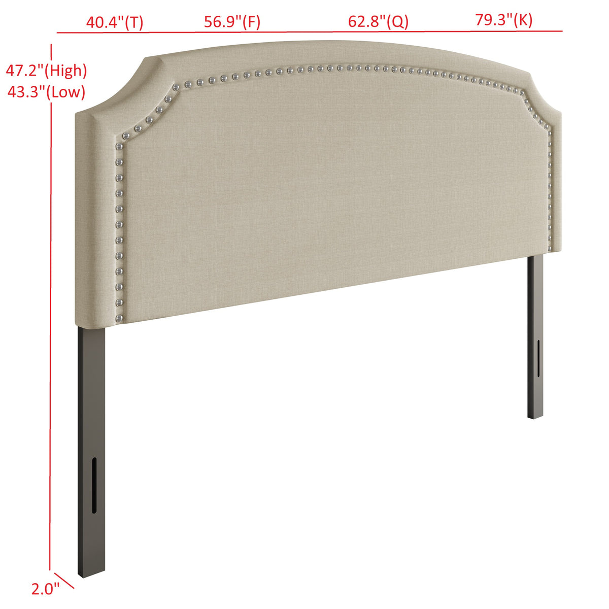 Home Design Bowie Upholstered Headboard with Adjustable Height and Nailhead Trim, Beige, Easy Assembly