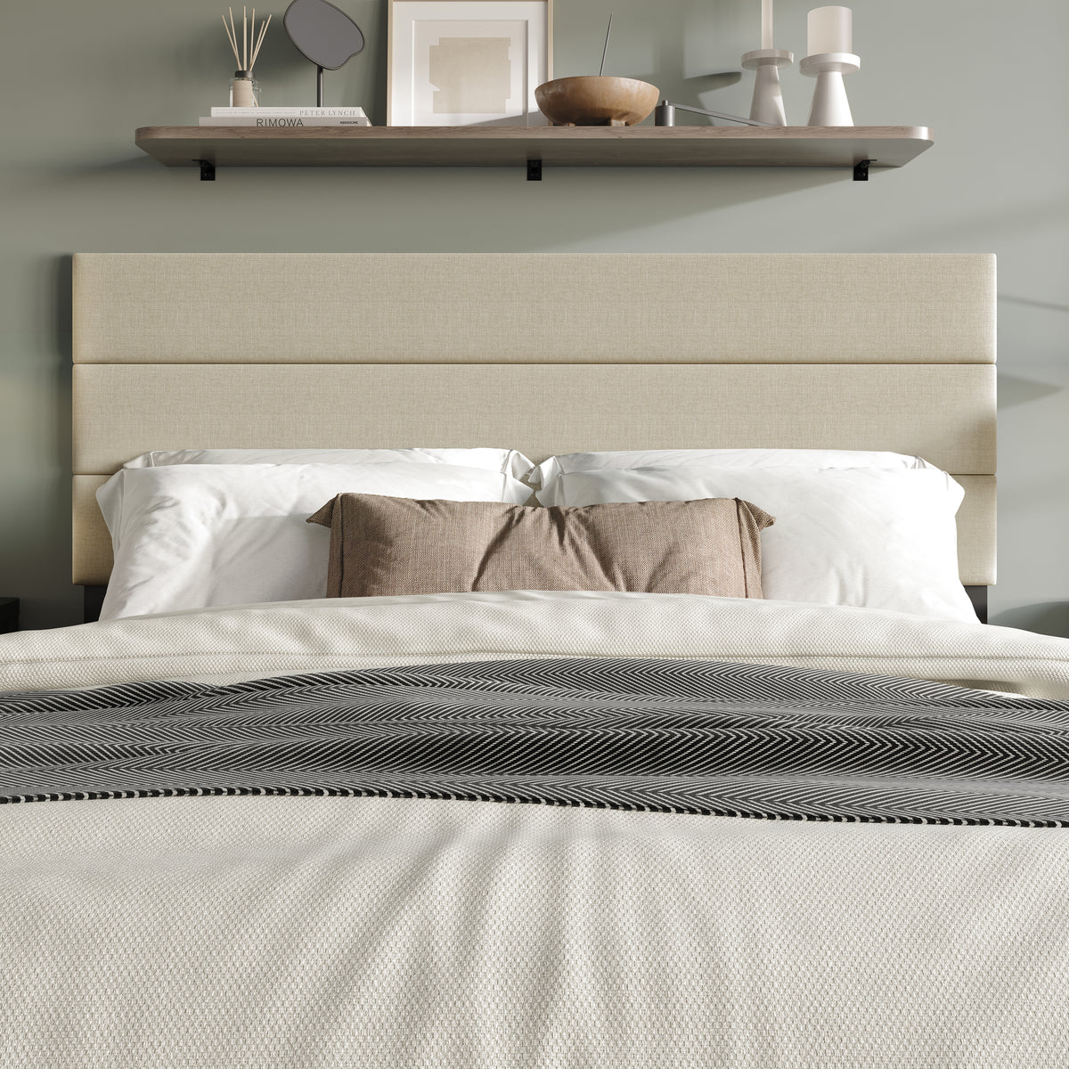 Home Design Corona Upholstered Headboard with Foam Padding, Horizontal Channel Tufting Design, Beige, Easy Assembly