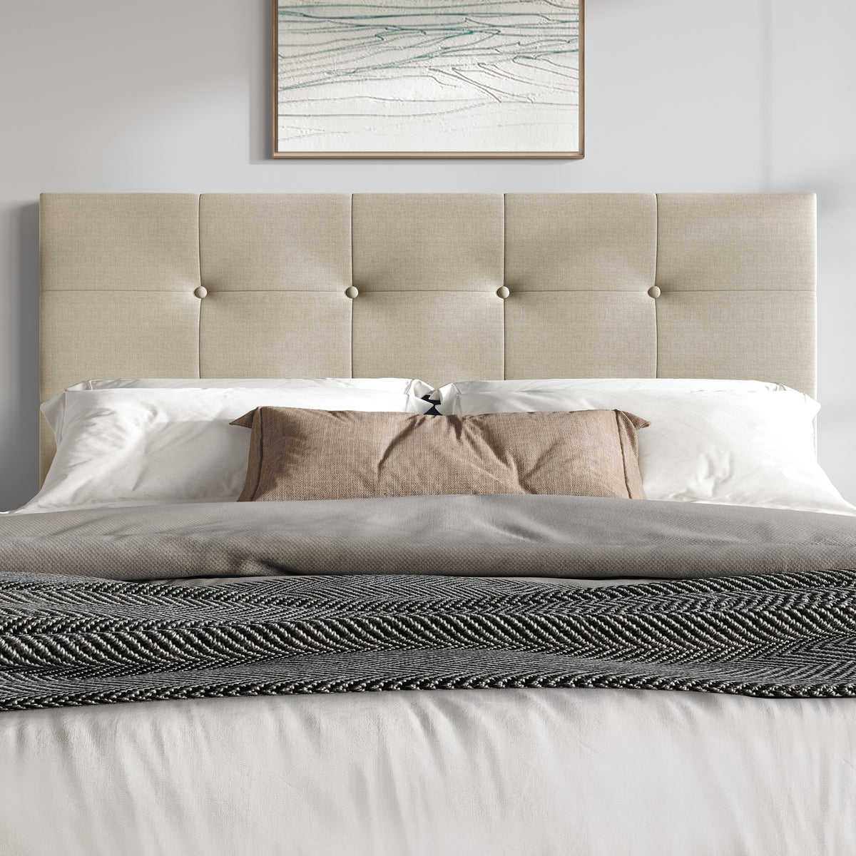 Home Design Dillon Tufted Upholstered Headboard with Foam Padding and Adjustable Height, Beige, Easy Assembly