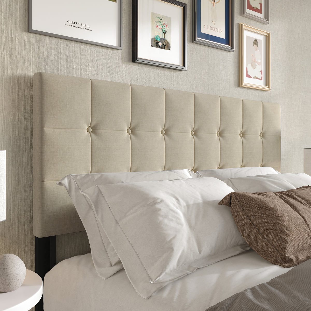 Home Design Ecorse Tufted Upholstered Headboard with Button Tufting and Foam Padding, Beige, Easy Assembly