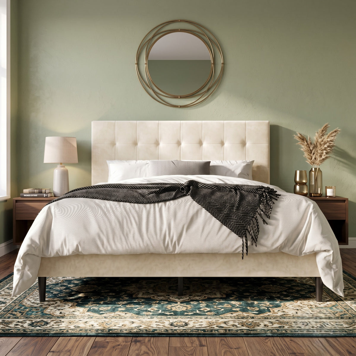 Marion Tufted Upholstered Platform Bed Frame with Tufted Headboard and Plush Padding