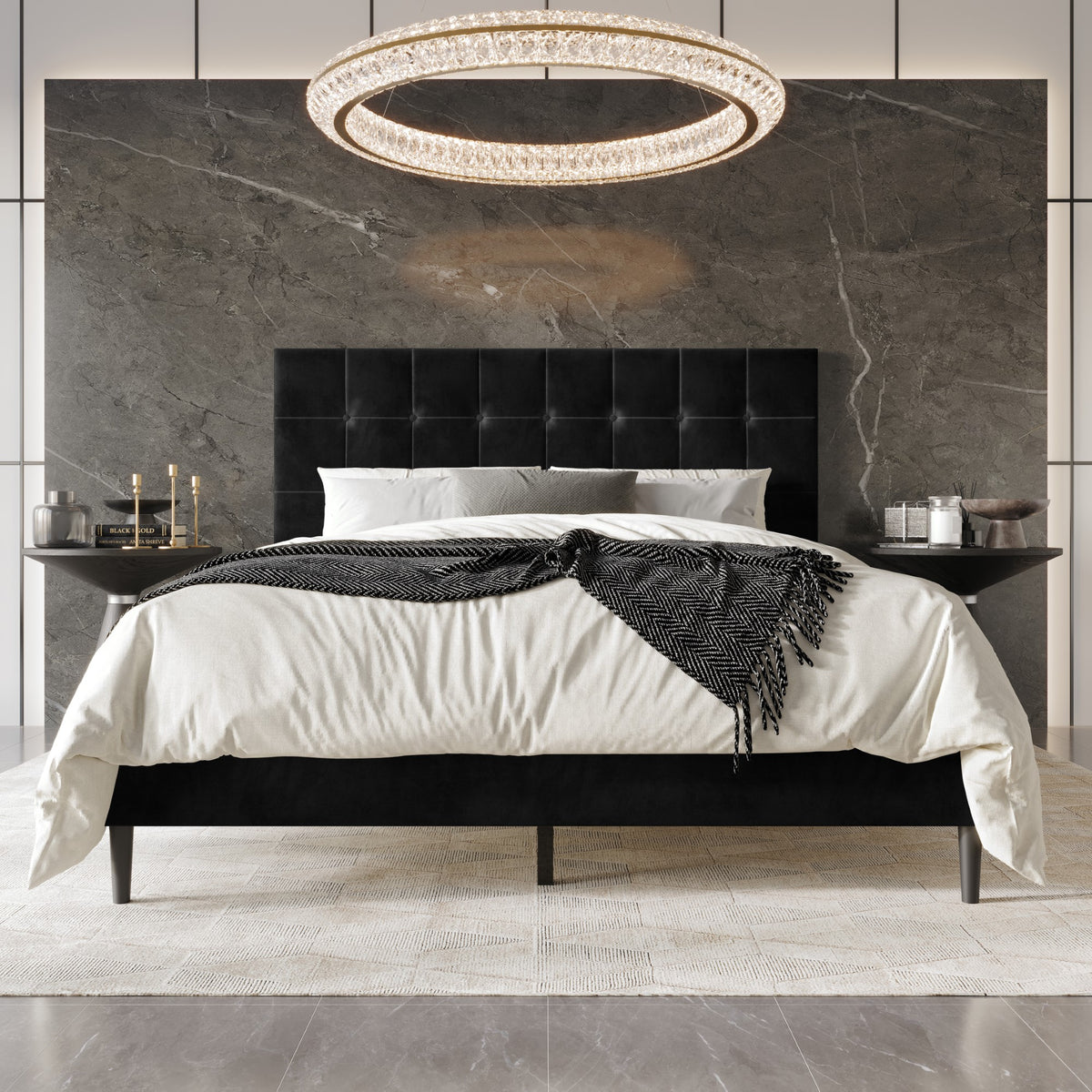 Home Design Marion Tufted Upholstered Platform Bed Frame