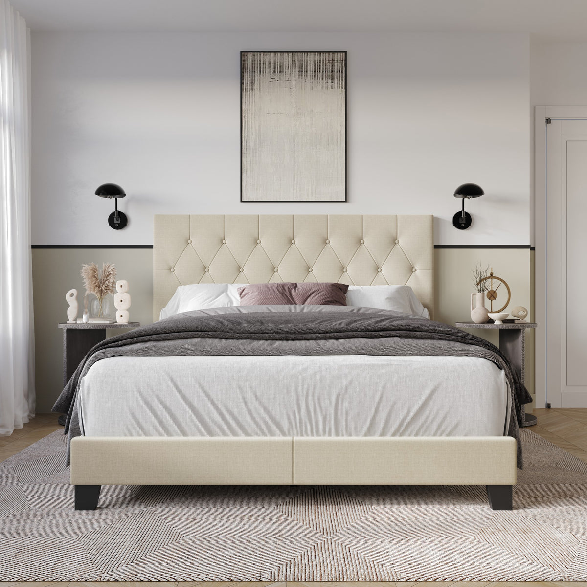 Dillon Twin Tufted Upholstered Panel Bed Frame with Button Tufting and Foam-Filled Headboard, Gray, Easy Assembly