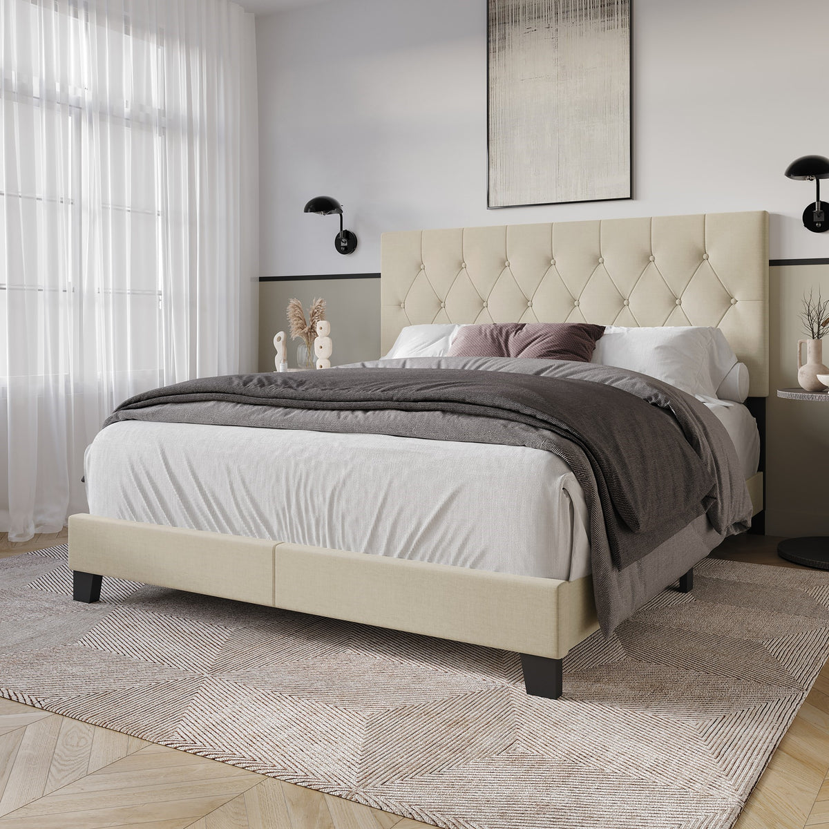 Dillon Twin Tufted Upholstered Panel Bed Frame with Button Tufting and Foam-Filled Headboard, Gray, Easy Assembly