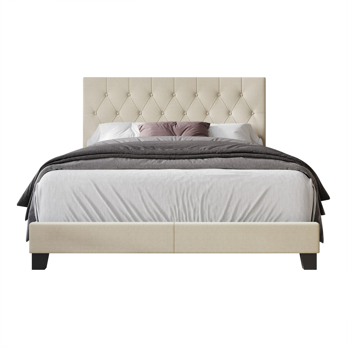 Dillon Twin Tufted Upholstered Panel Bed Frame with Button Tufting and Foam-Filled Headboard, Gray, Easy Assembly