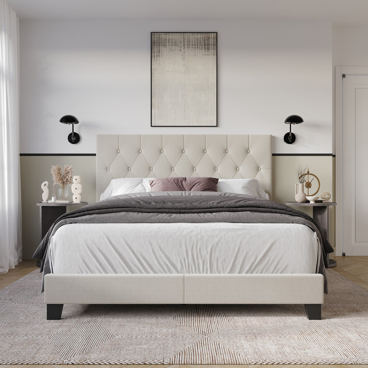 Dillon Twin Tufted Upholstered Panel Bed Frame with Button Tufting and Foam-Filled Headboard, Gray, Easy Assembly