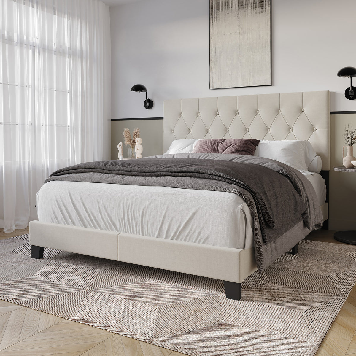 Dillon Twin Tufted Upholstered Panel Bed Frame with Button Tufting and Foam-Filled Headboard, Gray, Easy Assembly