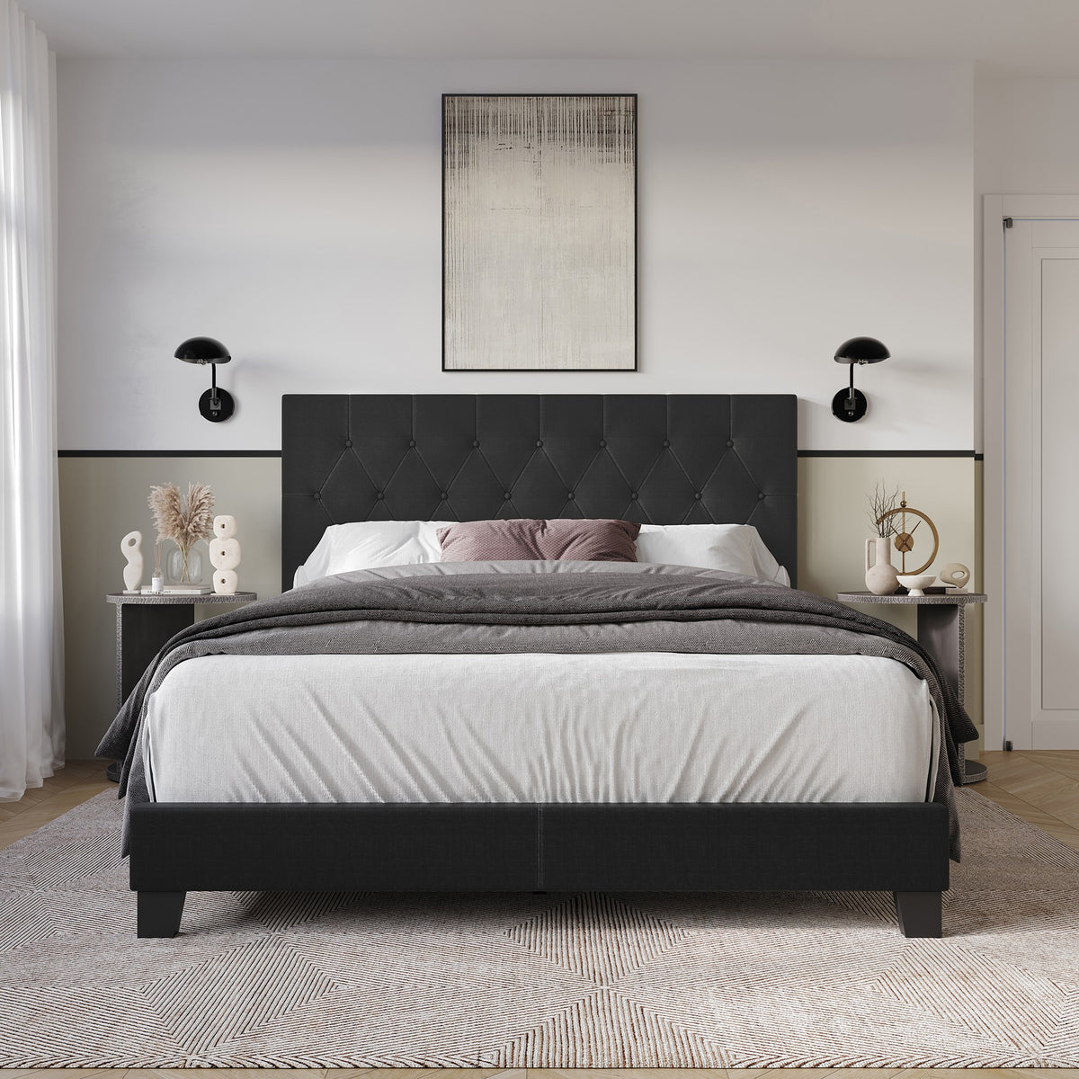 Dillon Twin Tufted Upholstered Panel Bed Frame with Button Tufting and Foam-Filled Headboard, Gray, Easy Assembly