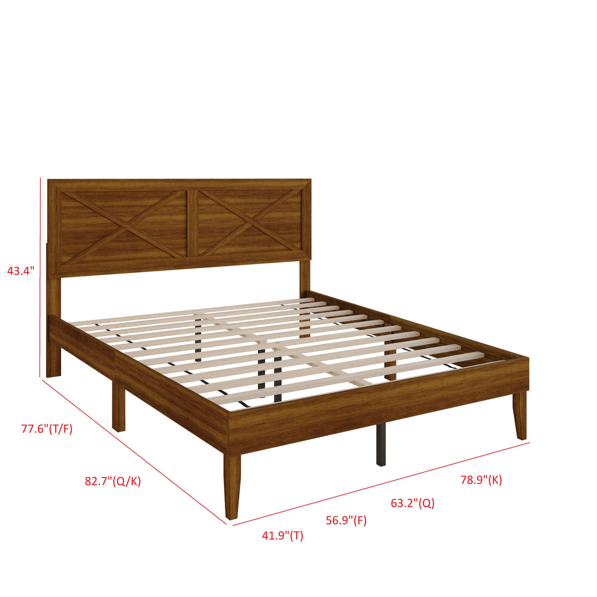 Home Design Oxnard Solid Wood Platform Bed Frame with X-Pattern Headboard and Full Slat Support System