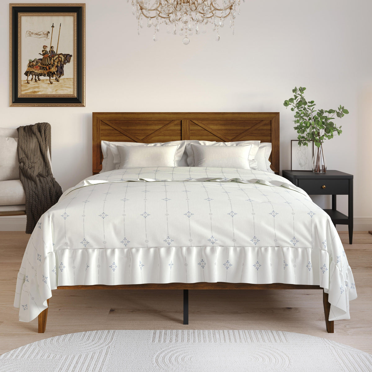 Home Design Oxnard Solid Wood Platform Bed Frame with X-Pattern Headboard and Full Slat Support System