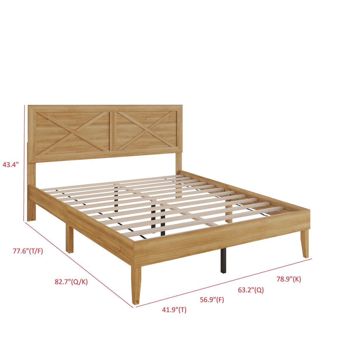 Home Design Oxnard Solid Wood Platform Bed Frame with X-Pattern Headboard and Full Slat Support System