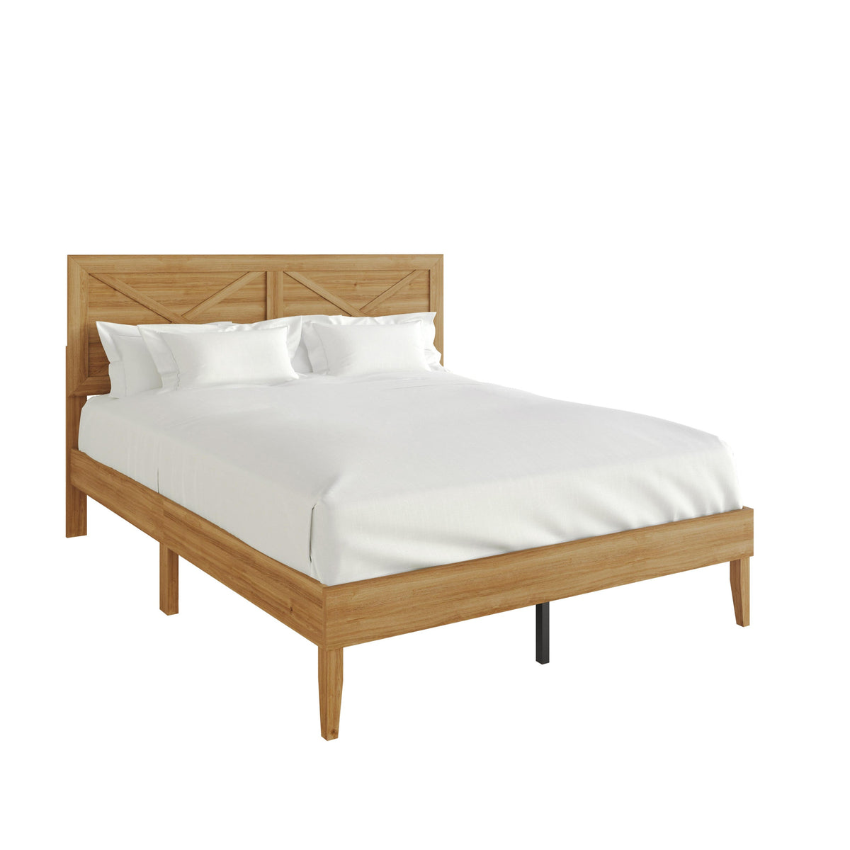 Home Design Oxnard Solid Wood Platform Bed Frame with X-Pattern Headboard and Full Slat Support System