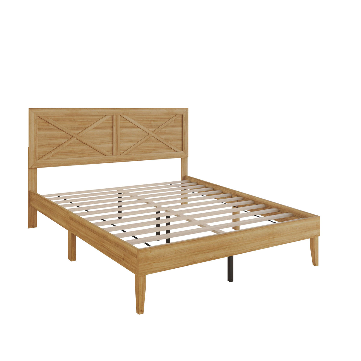 Home Design Oxnard Solid Wood Platform Bed Frame with X-Pattern Headboard and Full Slat Support System