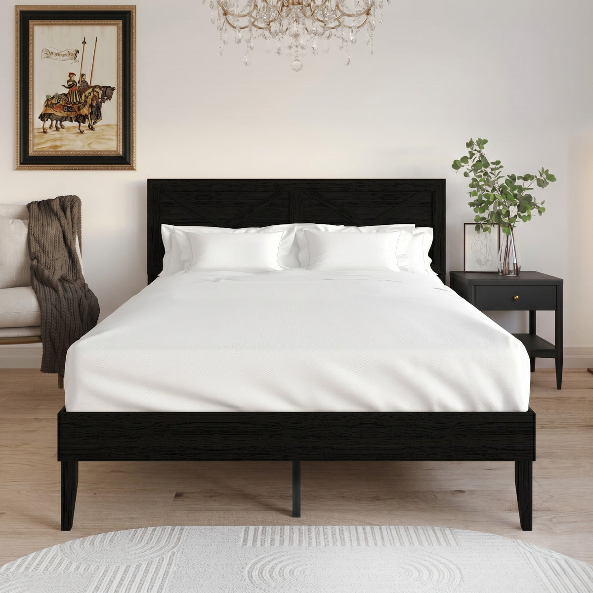 Home Design Oxnard Solid Wood Platform Bed Frame with X-Pattern Headboard and Full Slat Support System