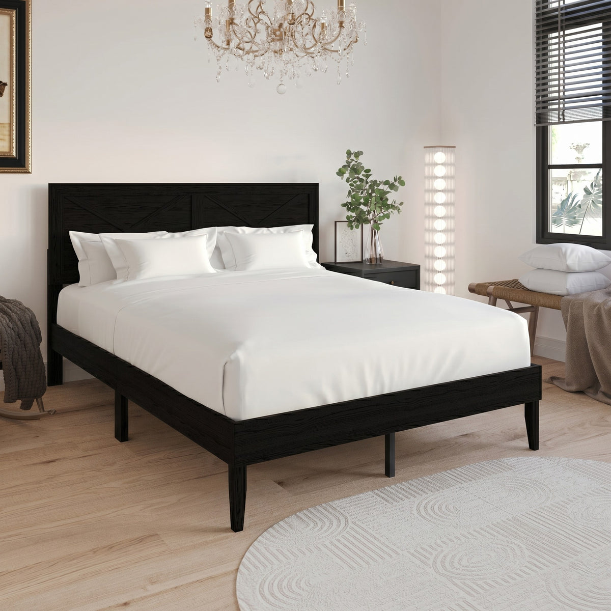 Home Design Oxnard Solid Wood Platform Bed Frame with X-Pattern Headboard and Full Slat Support System