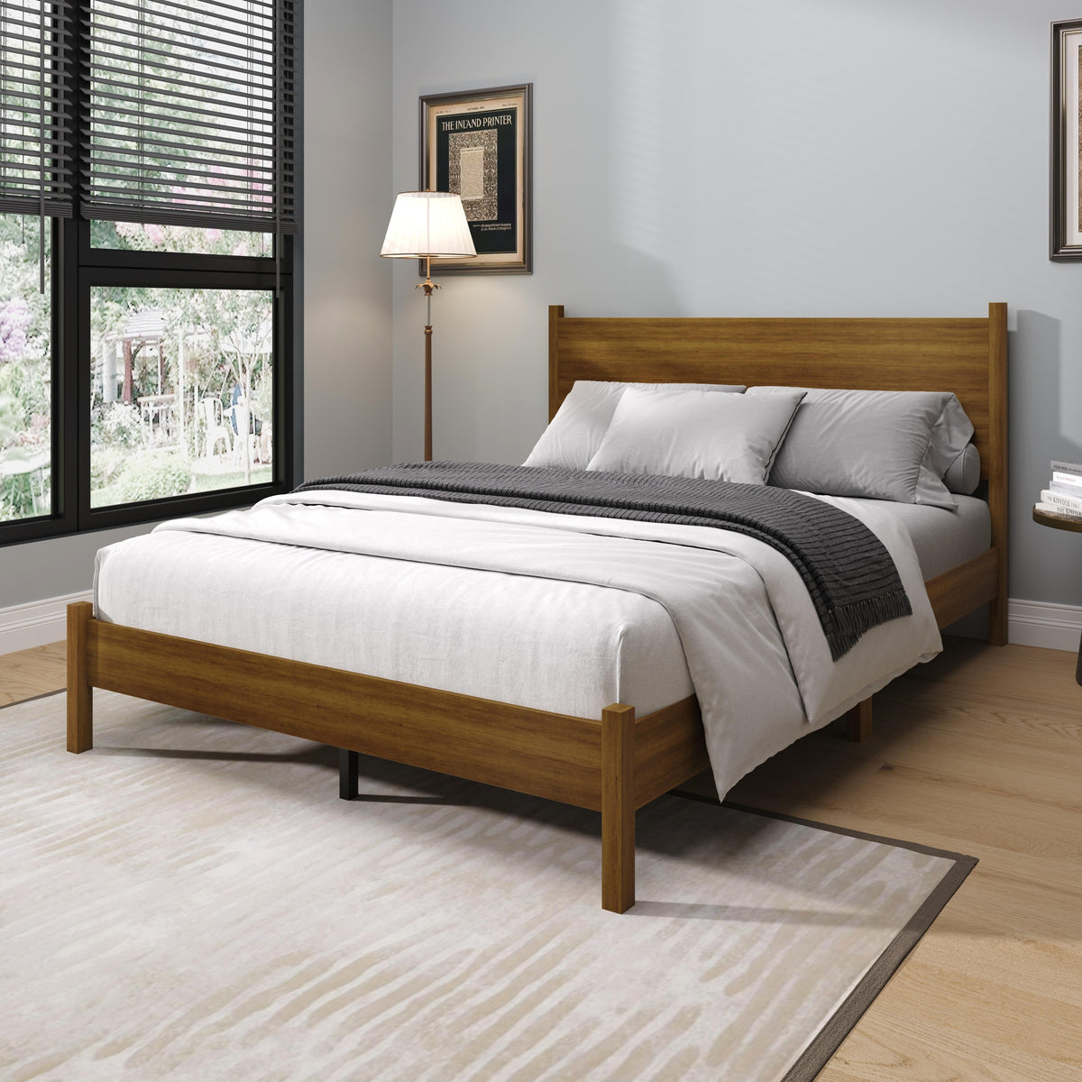 Home Design Branford Solid Wood Platform Bed Frame with Panel Headboard and Full Slat Support