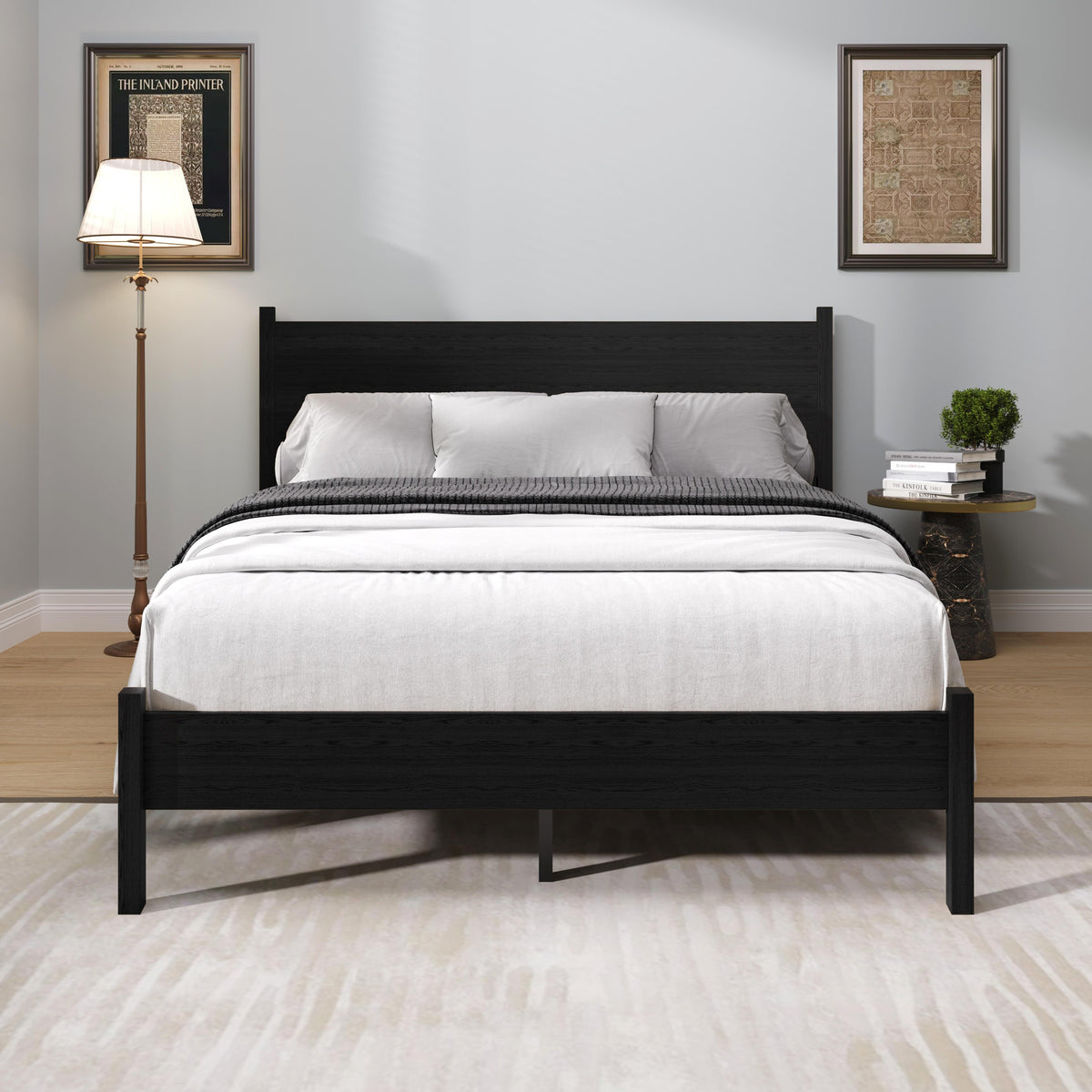 Home Design Branford Solid Wood Platform Bed Frame with Panel Headboard and Full Slat Support