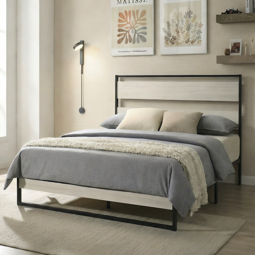 Huron Twin Metal Platform Bed Frame with Full Slats and Under-Bed Storage, Light Gray, Easy Assembly