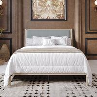 Home Design Keyser Solid Wood Platform Bed Frame Antique White with Gray Linen Upholstered Headboard, Full Slat Support, Reinforced Middle Leg, No Box Spring