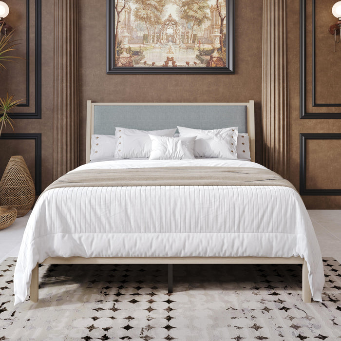 Home Design Keyser Solid Wood Platform Bed Frame Antique White with Gray Linen Upholstered Headboard, Full Slat Support, Reinforced Middle Leg, No Box Spring