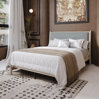 Home Design Keyser Solid Wood Platform Bed Frame Antique White with Gray Linen Upholstered Headboard, Full Slat Support, Reinforced Middle Leg, No Box Spring