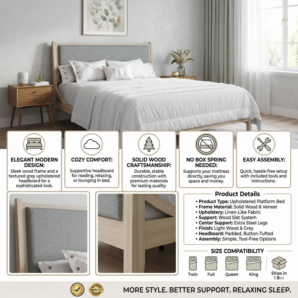 Home Design Keyser Solid Wood Platform Bed Frame Antique White with Gray Linen Upholstered Headboard, Full Slat Support, Reinforced Middle Leg, No Box Spring