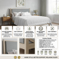 Home Design Keyser Solid Wood Platform Bed Frame Antique White with Gray Linen Upholstered Headboard, Full Slat Support, Reinforced Middle Leg, No Box Spring