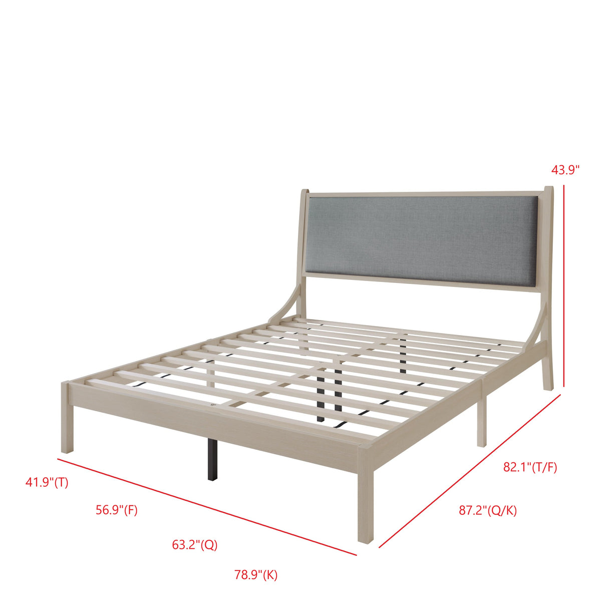 Home Design Keyser Solid Wood Platform Bed Frame Antique White with Gray Linen Upholstered Headboard, Full Slat Support, Reinforced Middle Leg, No Box Spring