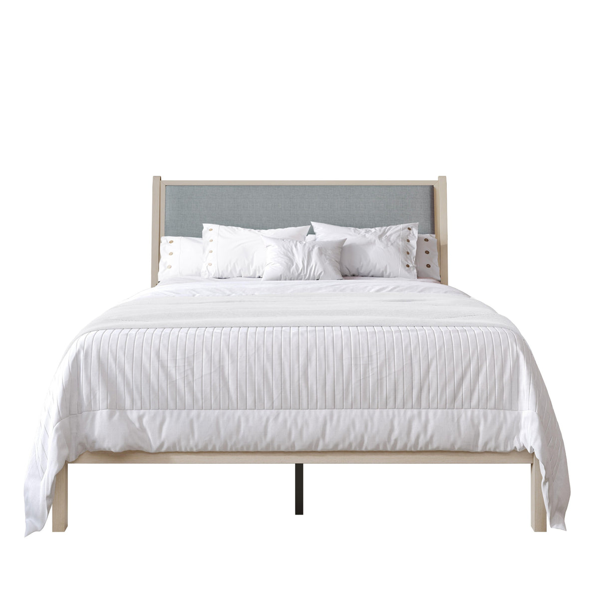 Home Design Keyser Solid Wood Platform Bed Frame Antique White with Gray Linen Upholstered Headboard, Full Slat Support, Reinforced Middle Leg, No Box Spring