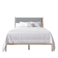 Home Design Keyser Solid Wood Platform Bed Frame Antique White with Gray Linen Upholstered Headboard, Full Slat Support, Reinforced Middle Leg, No Box Spring