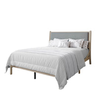 Home Design Keyser Solid Wood Platform Bed Frame Antique White with Gray Linen Upholstered Headboard, Full Slat Support, Reinforced Middle Leg, No Box Spring