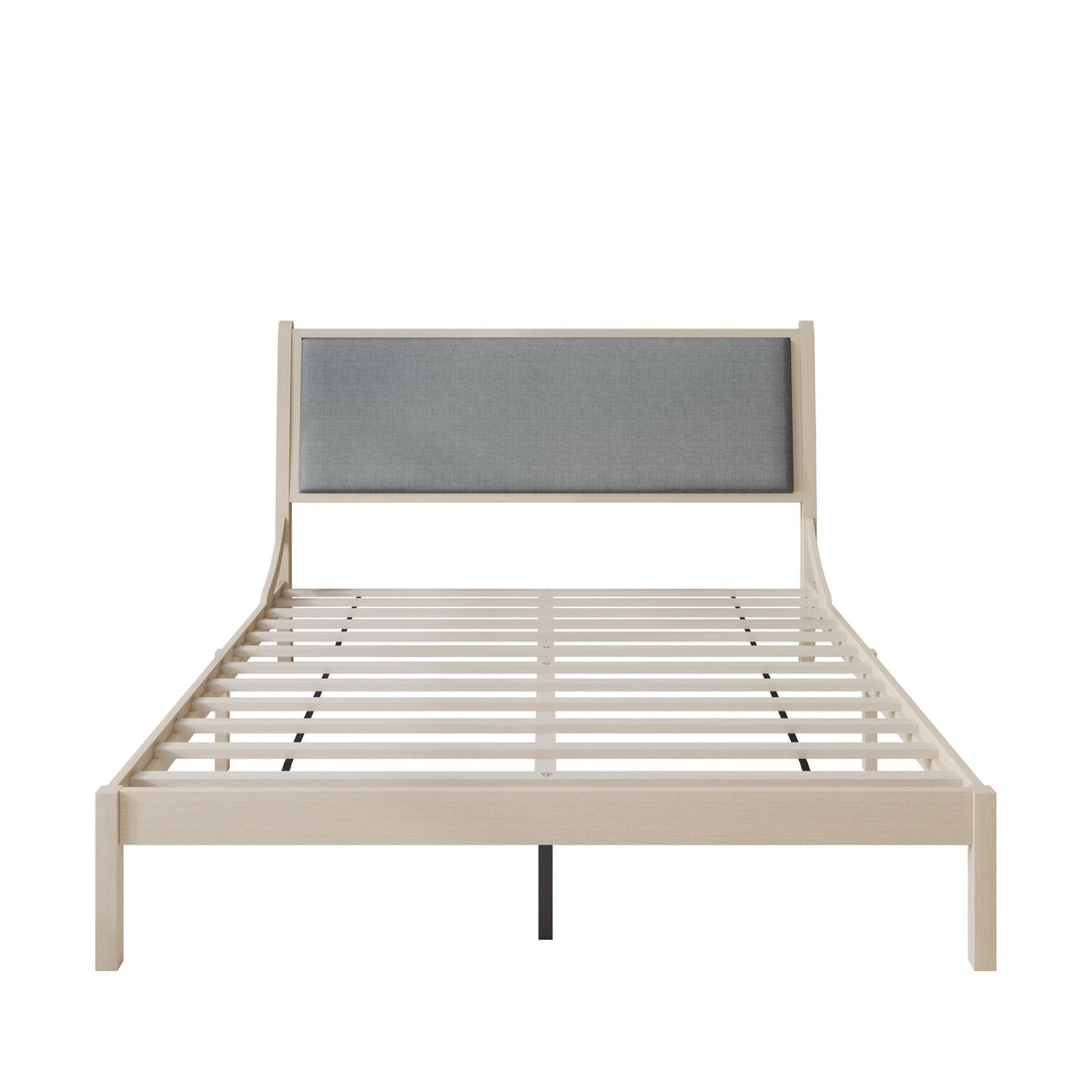 Home Design Keyser Solid Wood Platform Bed Frame Antique White with Gray Linen Upholstered Headboard, Full Slat Support, Reinforced Middle Leg, No Box Spring