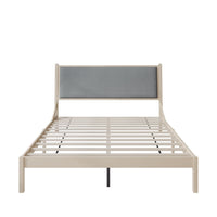 Home Design Keyser Solid Wood Platform Bed Frame Antique White with Gray Linen Upholstered Headboard, Full Slat Support, Reinforced Middle Leg, No Box Spring