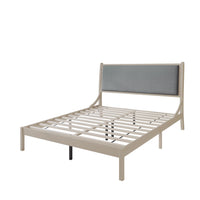 Home Design Keyser Solid Wood Platform Bed Frame Antique White with Gray Linen Upholstered Headboard, Full Slat Support, Reinforced Middle Leg, No Box Spring