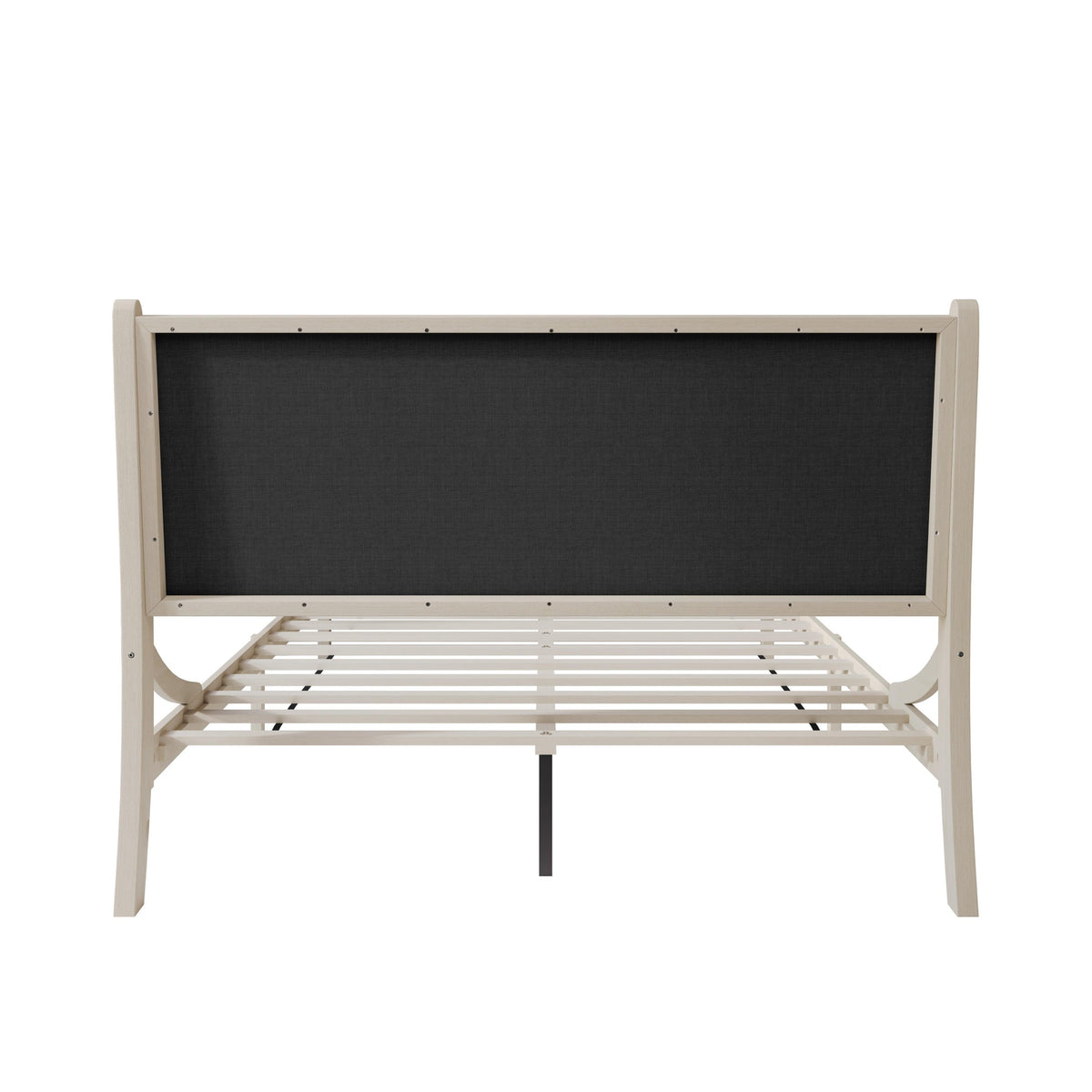 Home Design Keyser Solid Wood Platform Bed Frame Antique White with Gray Linen Upholstered Headboard, Full Slat Support, Reinforced Middle Leg, No Box Spring