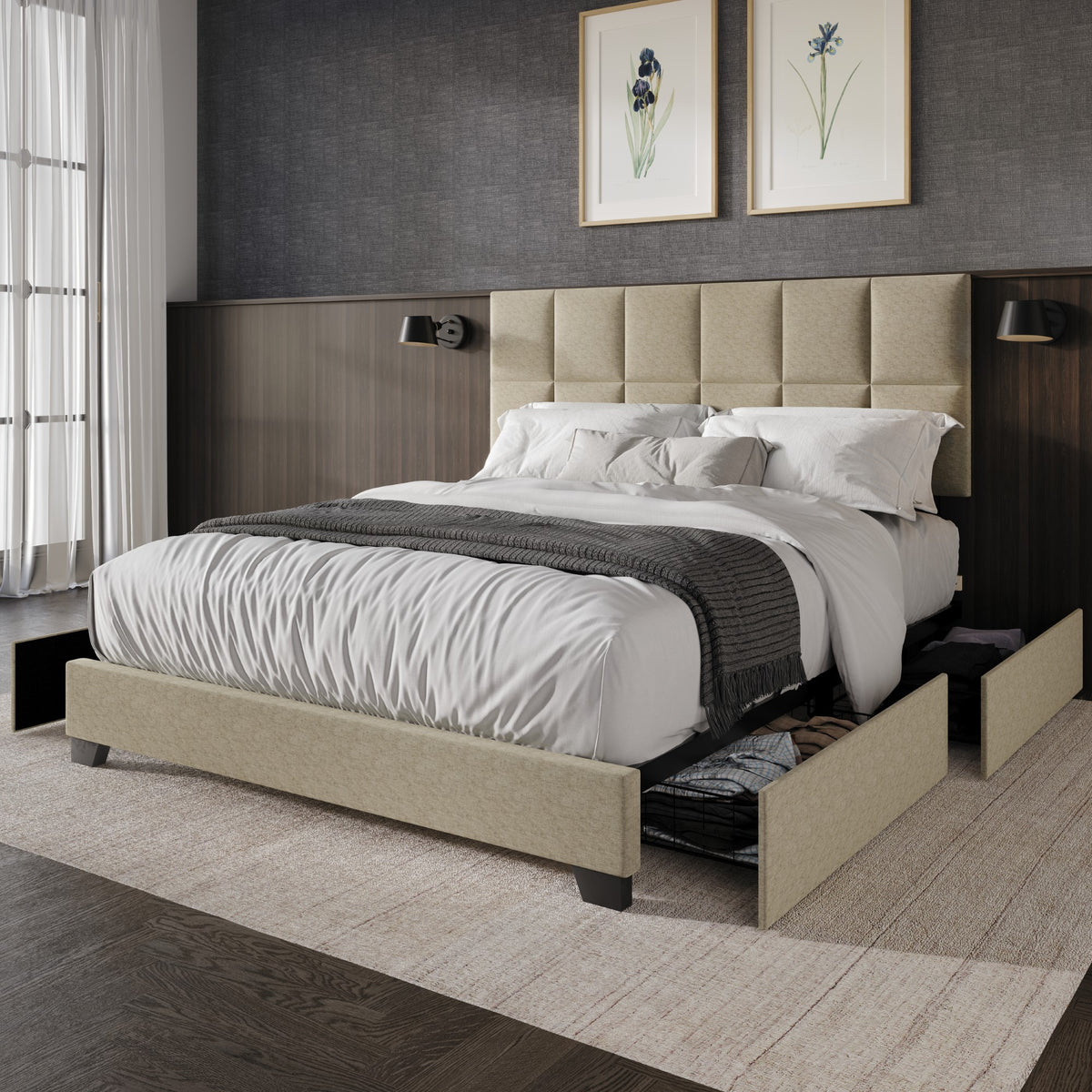 Home Design Raton Full Upholstered Storage Platform Bed Frame For Adult