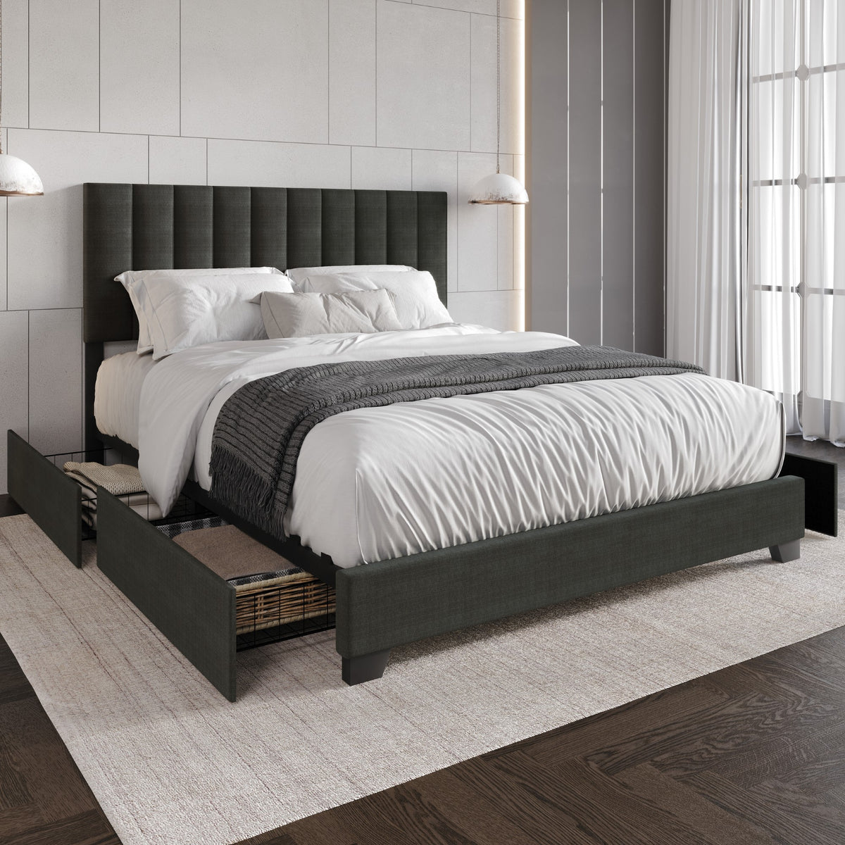 Home Design Olean Upholstered Storage Platform Bed Frame For Adult