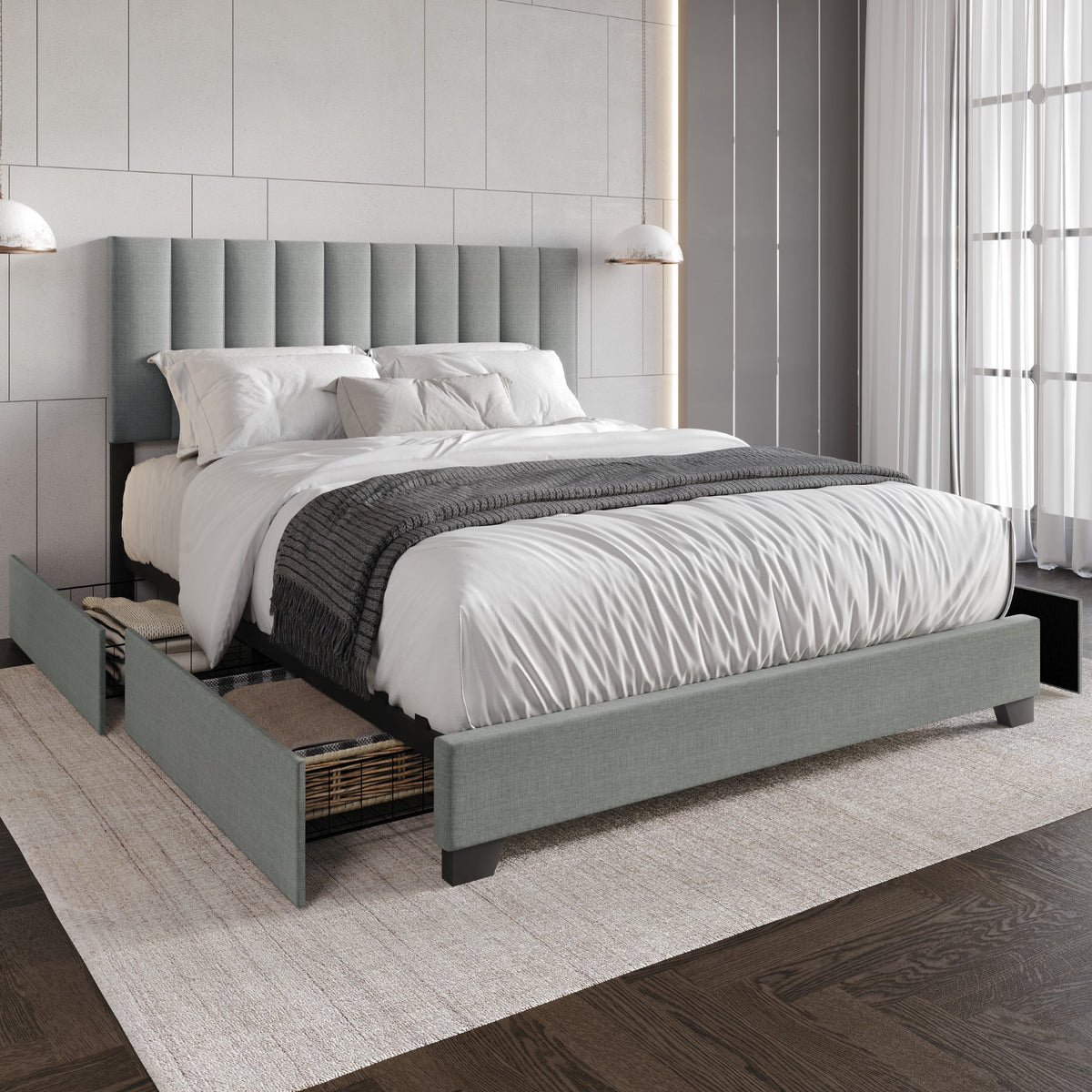 Home Design Olean Upholstered Storage Platform Bed Frame For Adult